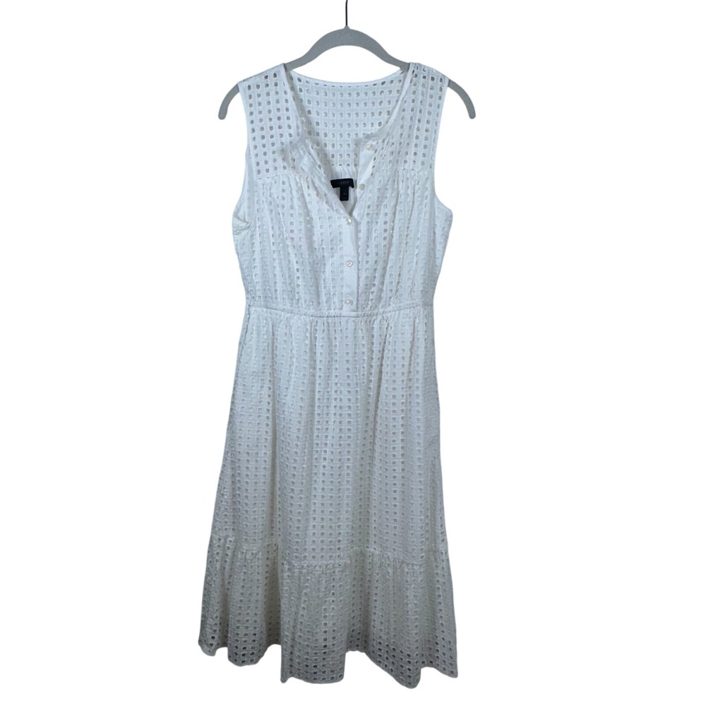 J Crew Dress 4 White Eyelet Button Front Elastic Waist No Belt Sorority Grad